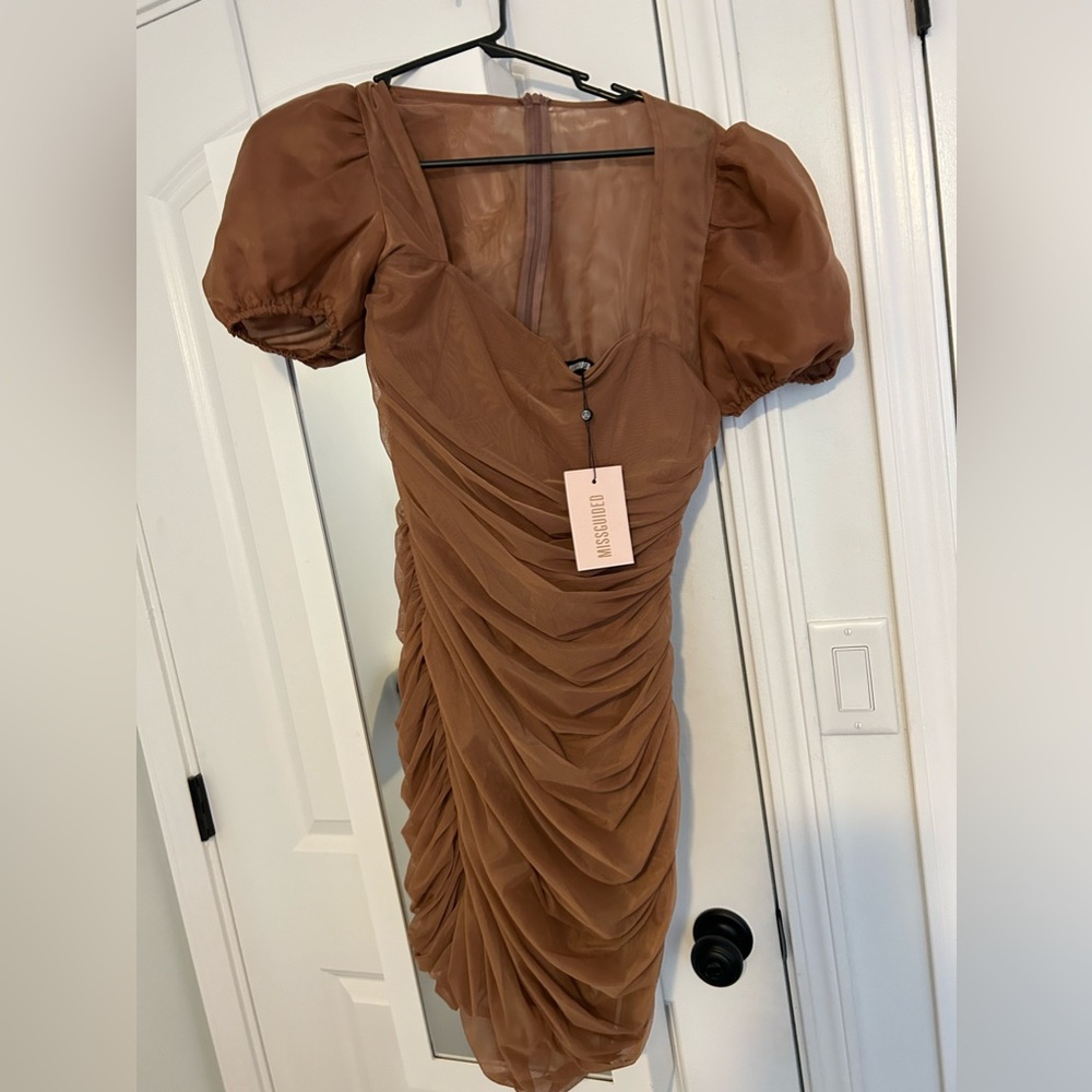 NWT Missguided brown ruched cocktail dress with cap sleeves